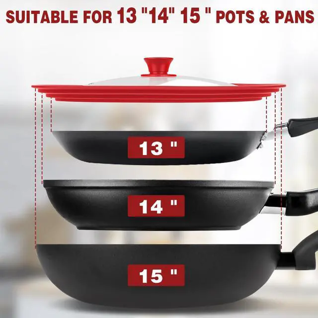 Alt view image 2 of 7 - Extra Large 13-14-15 in Universal Lid for Oversized Pots, Pans and Skillets, Pot Lid Tempered Glass Lid with Heat-Resistant Silicone Edge, Cookware Lids, Replacement Frying Pan Cover