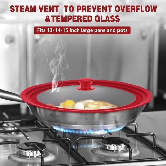 Alt view image 4 of 7 - Extra Large 13-14-15 in Universal Lid for Oversized Pots, Pans and Skillets, Pot Lid Tempered Glass Lid with Heat-Resistant Silicone Edge, Cookware Lids, Replacement Frying Pan Cover