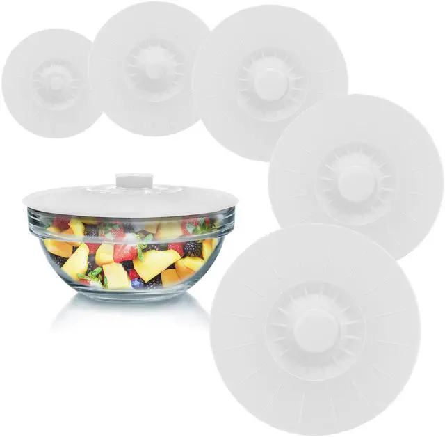 Main image of Silicone Bowl Lids White, Set of 5 Reusable Suction Seal Covers for Bowls, Pots, Cups. Food Safe. Natural grip, interlocking handles for easy use and storage.