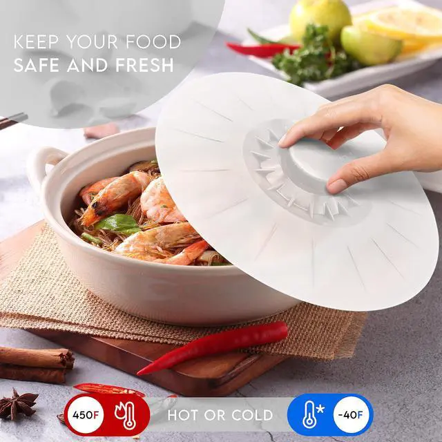 Alt view image 2 of 7 - Silicone Bowl Lids White, Set of 5 Reusable Suction Seal Covers for Bowls, Pots, Cups. Food Safe. Natural grip, interlocking handles for easy use and storage.
