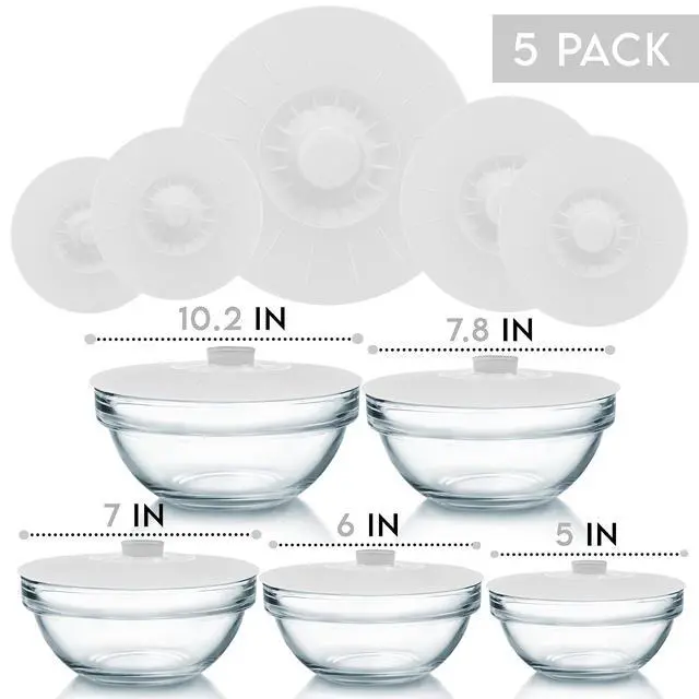 Alt view image 6 of 7 - Silicone Bowl Lids White, Set of 5 Reusable Suction Seal Covers for Bowls, Pots, Cups. Food Safe. Natural grip, interlocking handles for easy use and storage.