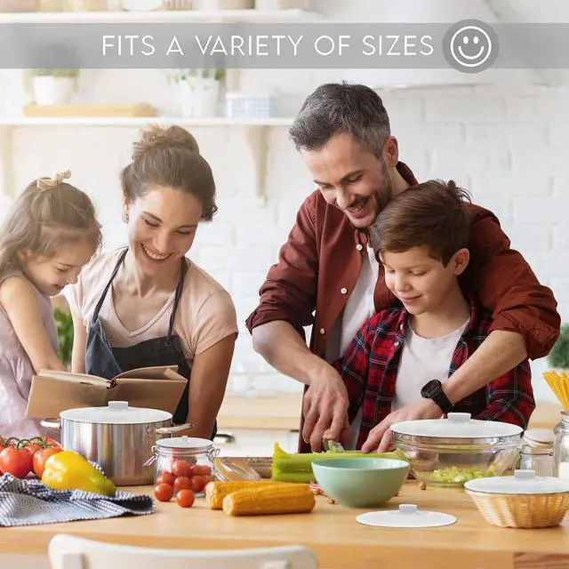 Alt view image 5 of 7 - Silicone Bowl Lids White, Set of 5 Reusable Suction Seal Covers for Bowls, Pots, Cups. Food Safe. Natural grip, interlocking handles for easy use and storage.