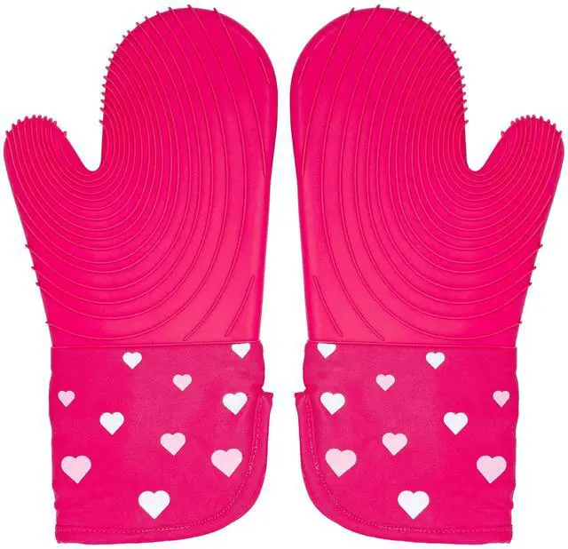 Main image of Oven Mitt Set with Heart Design, Heat Resistant Pot Holders Featuring Non-Slip Textured Silicone Grips, 2-Piece Set, Pink
