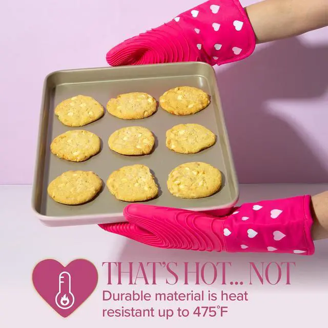 Alt view image 2 of 6 - Oven Mitt Set with Heart Design, Heat Resistant Pot Holders Featuring Non-Slip Textured Silicone Grips, 2-Piece Set, Pink