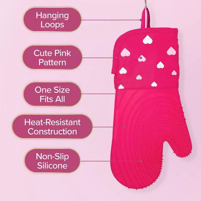 Alt view image 3 of 6 - Oven Mitt Set with Heart Design, Heat Resistant Pot Holders Featuring Non-Slip Textured Silicone Grips, 2-Piece Set, Pink