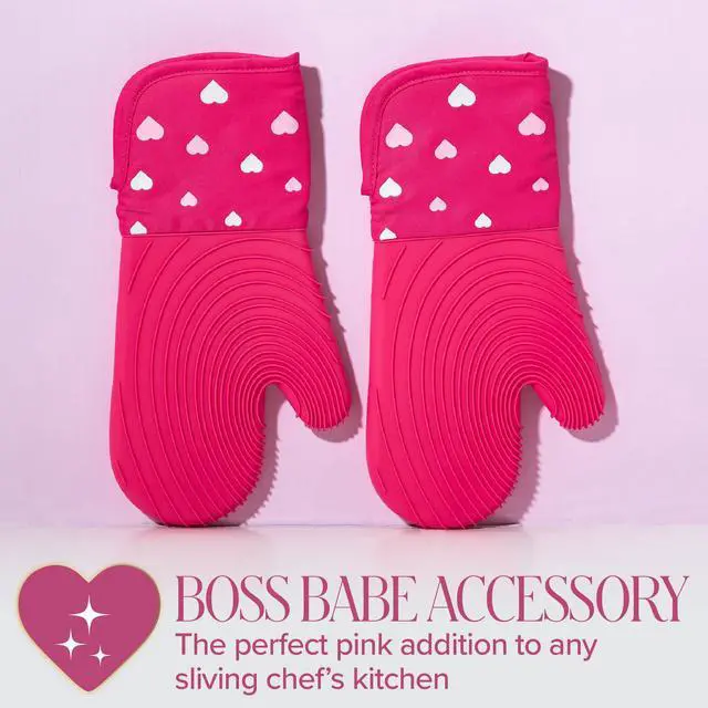 Alt view image 5 of 6 - Oven Mitt Set with Heart Design, Heat Resistant Pot Holders Featuring Non-Slip Textured Silicone Grips, 2-Piece Set, Pink