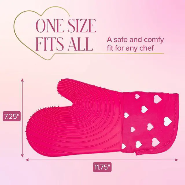 Alt view image 6 of 6 - Oven Mitt Set with Heart Design, Heat Resistant Pot Holders Featuring Non-Slip Textured Silicone Grips, 2-Piece Set, Pink