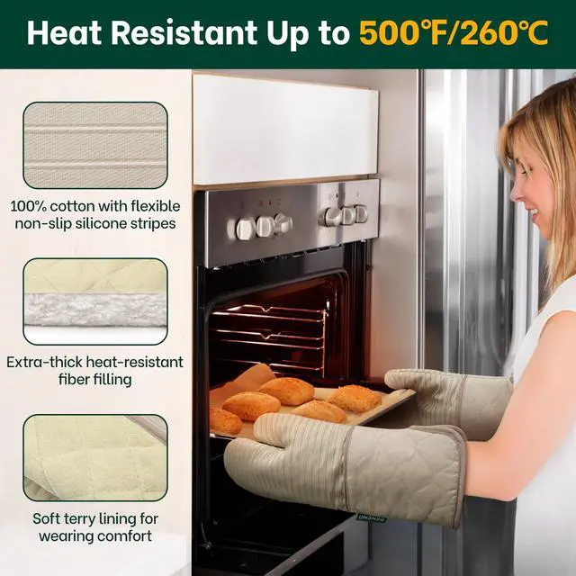 Alt view image 2 of 7 - Heat Resistant 500°F Kitchen Oven Mitts 2-Pack, 7.5"x14.3", Beige
