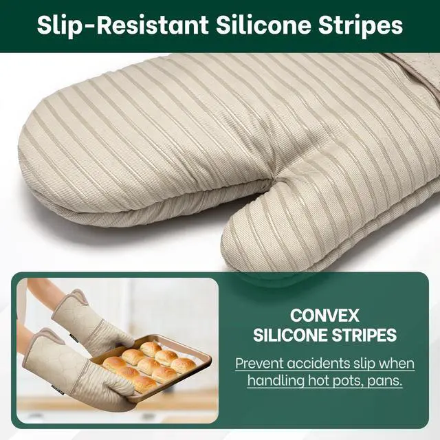 Alt view image 3 of 7 - Heat Resistant 500°F Kitchen Oven Mitts 2-Pack, 7.5"x14.3", Beige