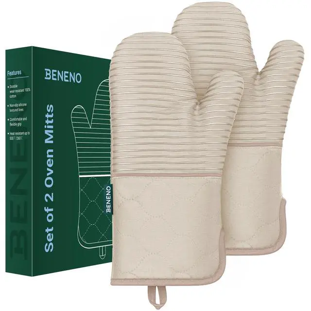 Alt view image 7 of 7 - Heat Resistant 500°F Kitchen Oven Mitts 2-Pack, 7.5"x14.3", Beige