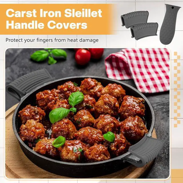 Alt view image 6 of 7 - Pcs Silicone Pot Holders Cast Iron Handle Cover Heat Resistant Pot Handle Covers Potholder Non Slip Reusable Pan Sleeve for Frying Pan Kitchen Supplies (Black,Gray,Light Gray,Khaki)