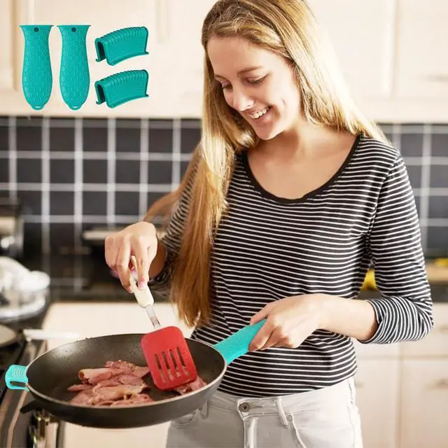 Alt view image 7 of 7 - 4 Pcs Non-Slip Silicone Hot Handle Holder & Assist Grips, Potholder for Cast Iron Skillets, Heat Resistant Handle Cover Sleeve for Frying Pans, Casserole, Cookware Handles, Lake Blue
