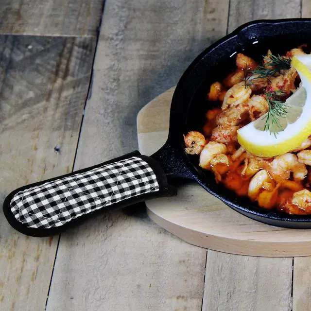 Alt view image 4 of 6 - Pcs Cast Iron Skillet Handle Covers, Pot Handle Covers Heat Resistant, Hot Pan Sleeve Skillet Mitt Holder Non Slip for Kitchen Cooking BBQ and Baking Cookware Tools (Black,Grey)