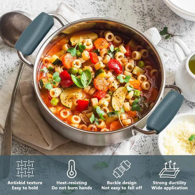 Alt view image 4 of 7 - 2Pcs Silicone Pot Handle Covers with Buttons, Heat Resistant Cast Iron Pot Assist Handle Covers, Non Slip Silicone Pot Holders, Reusable Hot Pot Grip Handle Sleeves (Gray)