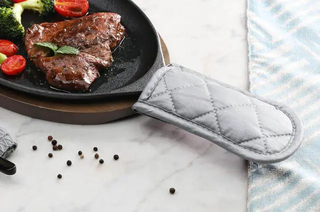 Alt view image 7 of 7 - Silicone Coated Fabric Pan Handle Sleeve Holder, Silver, Set of 6