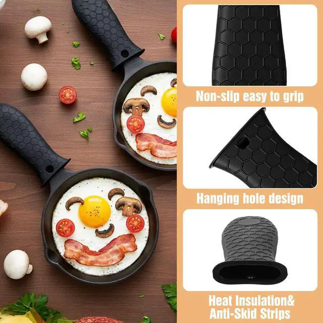 Alt view image 3 of 7 - 2Pcs Silicone Pot Holders Set Cast Iron Pan Handle Covers, Heat Resistant Pot Handle Sleeve Reusable Non-Slip Handles Protectors for Cast Iron Pots, Woks, Frying Pans, Griddles, Skillets, Oven(Black)