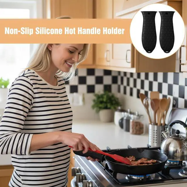 Alt view image 6 of 7 - 2Pcs Silicone Pot Holders Set Cast Iron Pan Handle Covers, Heat Resistant Pot Handle Sleeve Reusable Non-Slip Handles Protectors for Cast Iron Pots, Woks, Frying Pans, Griddles, Skillets, Oven(Black)