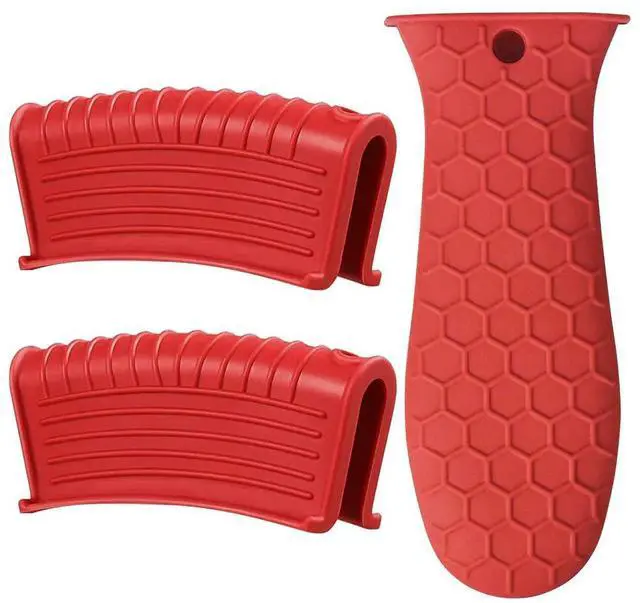 Main image of Silicone Hot Handle Holder, 3 Pack Assist Pan Handle Sleeve Pot Holders Non Slip Rubber Pot Holders Cast Iron Skillets Handles Grip Covers for Cast Iron Skillets Frying Pans Griddles Cookware (Red, L)