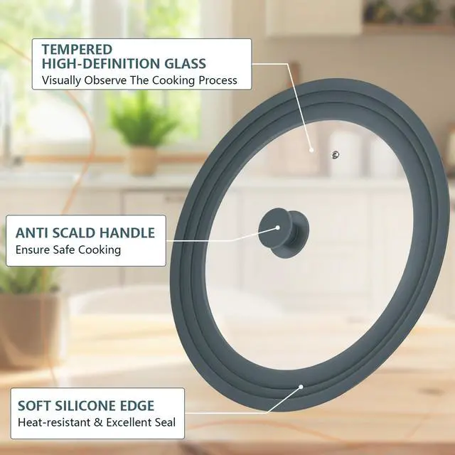 Alt view image 3 of 7 - 13-14-15 in Universal Lid for Oversized Pots, Pans and Skillets, Extra Large Pot Lid Tempered Glass Lid with Heat-Resistant Silicone Edge, Cookware Lids, Replacement Frying Pan Cover, Grey