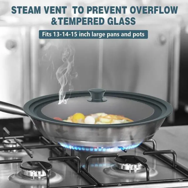 Alt view image 4 of 7 - 13-14-15 in Universal Lid for Oversized Pots, Pans and Skillets, Extra Large Pot Lid Tempered Glass Lid with Heat-Resistant Silicone Edge, Cookware Lids, Replacement Frying Pan Cover, Grey
