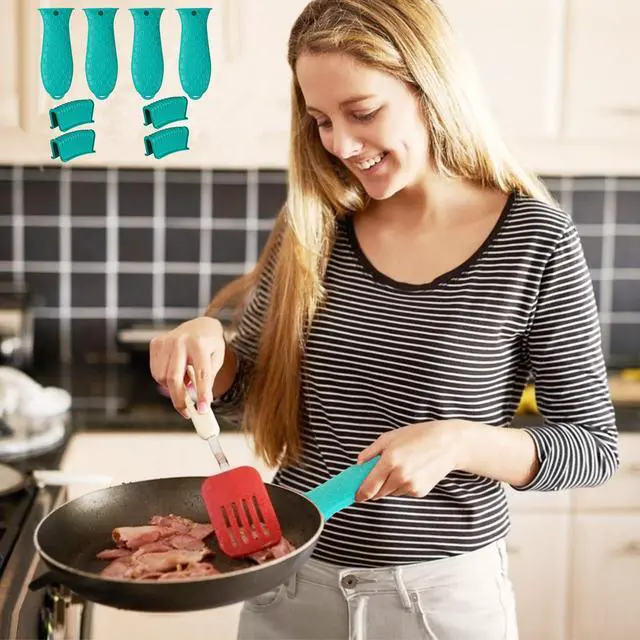 Alt view image 7 of 7 - 8 Pcs Non-Slip Silicone Hot Handle Holder & Assist Grips, Potholder for Cast Iron Skillets, Heat Resistant Handle Cover Sleeve for Frying Pans, Casserole, Cookware Handles, Lake Blue
