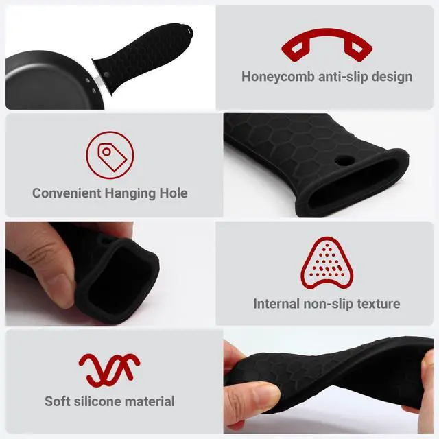 Alt view image 4 of 7 - Cast Iron Handle Cover 4 Pack, Heat Resistant Material Pot Handle Holders, Non-Slip Pot Sleeve for Cast Iron Skillets, Metal Pans, Griddles (Black)