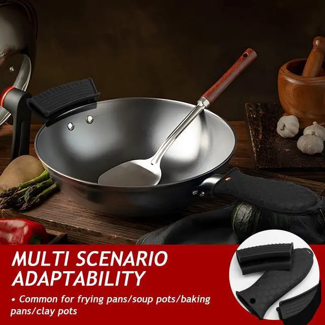 Alt view image 6 of 7 - Cast Iron Handle Cover 4 Pack, Heat Resistant Material Pot Handle Holders, Non-Slip Pot Sleeve for Cast Iron Skillets, Metal Pans, Griddles (Black)