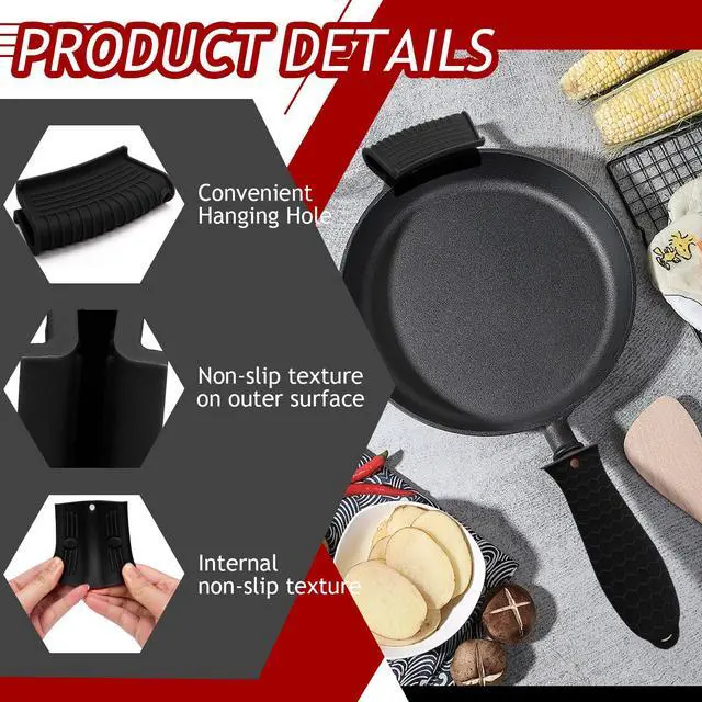 Alt view image 5 of 7 - Cast Iron Handle Cover 4 Pack, Heat Resistant Material Pot Handle Holders, Non-Slip Pot Sleeve for Cast Iron Skillets, Metal Pans, Griddles (Black)