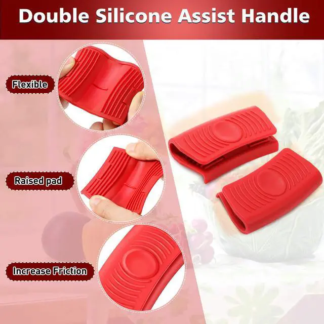 Alt view image 5 of 7 - Pcs Silicone Assist Hot Pan Handle Holder Hot Skillet Handle Covers Nonslip Heat Resistant Pot Grip Sleeves for Cast Iron Skillets Frying Pans Griddles Cookware(Red and Black)