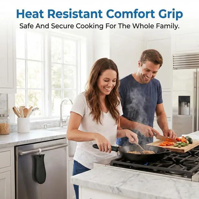 Alt view image 4 of 7 - 2-Pack Heavy-Duty Silicone Handle Covers for Cast Iron Skillets, Extra Thick Heat-Resistant Pot Holder Sleeves with Non-Slip Grip for Frying Pans, Cookware (Black)