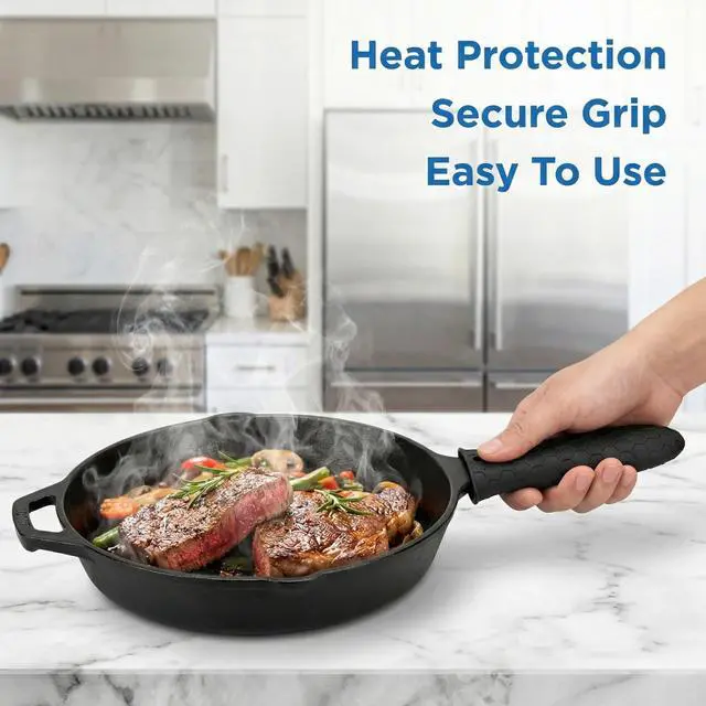 Alt view image 6 of 7 - 2-Pack Heavy-Duty Silicone Handle Covers for Cast Iron Skillets, Extra Thick Heat-Resistant Pot Holder Sleeves with Non-Slip Grip for Frying Pans, Cookware (Black)