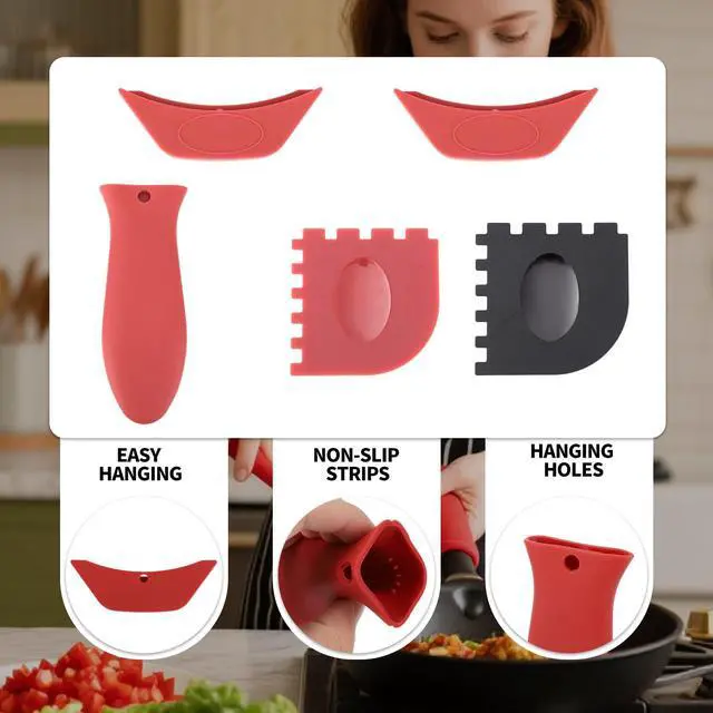 Alt view image 4 of 7 - 5pcs Silicone Handle Cover for Lodge Cast Iron Skillets, Includes Pan Grip Handle Cover 2 Assist Pot Holder Sleeves & 2 Grill Scrapers Heat Resistant Dishwasher Safe