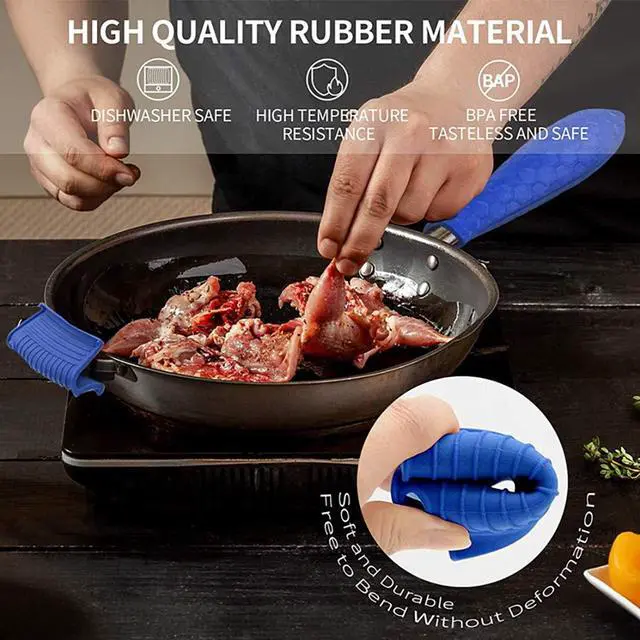 Alt view image 2 of 4 - Silicone Hot Pan Handle Holder, 3Pcs Heat Resistant Non Slip Rubber Pot Handle Covers for Cast Iron Skillet Griddles Metal Frying Pans Kitchen Cookware (Blue)