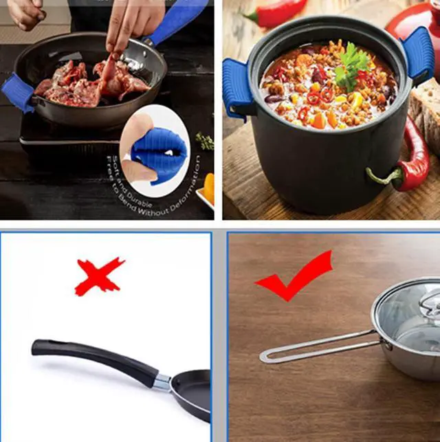 Alt view image 3 of 4 - Silicone Hot Pan Handle Holder, 3Pcs Heat Resistant Non Slip Rubber Pot Handle Covers for Cast Iron Skillet Griddles Metal Frying Pans Kitchen Cookware (Blue)