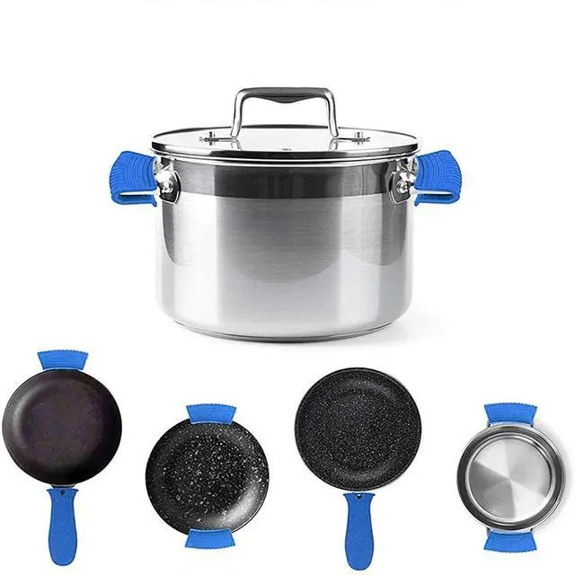 Alt view image 4 of 4 - Silicone Hot Pan Handle Holder, 3Pcs Heat Resistant Non Slip Rubber Pot Handle Covers for Cast Iron Skillet Griddles Metal Frying Pans Kitchen Cookware (Blue)