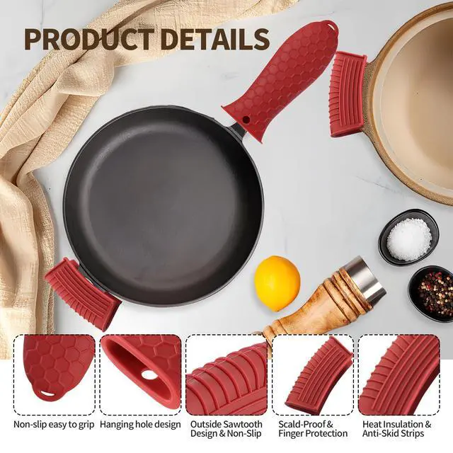 Alt view image 4 of 6 - Cast Iron Skillet Handle Covers - 3 Pack Assist Pan Handle Sleeve Pot Holders, Heat Resistant Pot Handle Covers, Non-Slip Silicone Cast Iron Handle Grip for Cast Iron Skillet Metal Pan (Red)