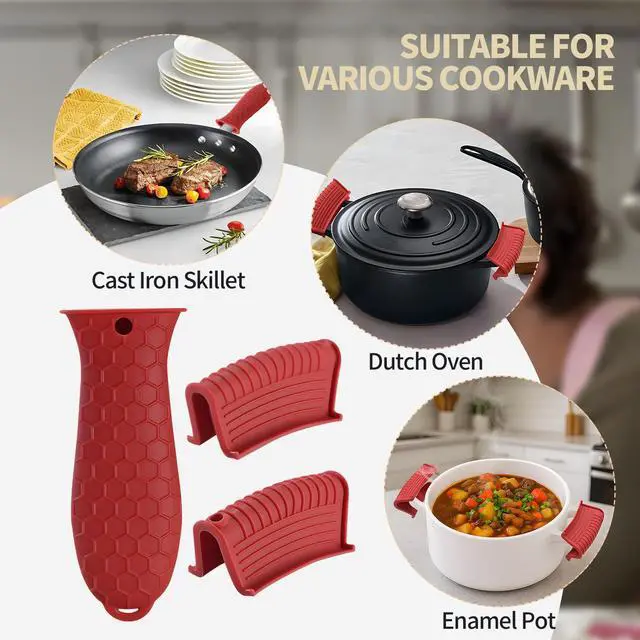Alt view image 5 of 6 - Cast Iron Skillet Handle Covers - 3 Pack Assist Pan Handle Sleeve Pot Holders, Heat Resistant Pot Handle Covers, Non-Slip Silicone Cast Iron Handle Grip for Cast Iron Skillet Metal Pan (Red)