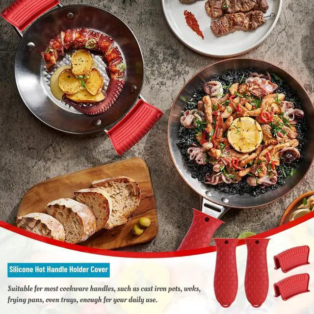 Alt view image 5 of 7 - Silicone Assist Hot Pan Handle Holder Hot Skillet Handle Covers Pot Holder Sleeve Cast Iron Skillets Nonslip Heat Resistant for Enameled Griddles Casserole Frying Pans Cookware(4PACK/Black)