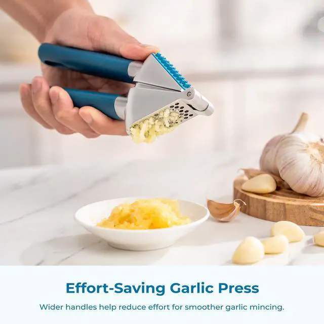 Alt view image 2 of 7 - Garlic Press, Stainless Steel Garlic Mincer with Premium Zinc Alloy Construction, Easy-Squeeze Ergonomic TPE Non-Slip Grip Handles, Reverse Cleaning Bumps and Dishwasher Safe Design, Blue