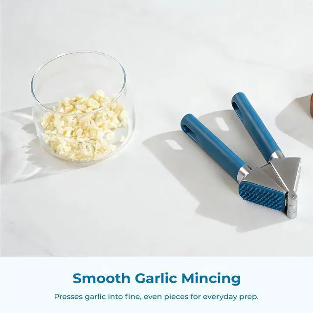 Alt view image 3 of 7 - Garlic Press, Stainless Steel Garlic Mincer with Premium Zinc Alloy Construction, Easy-Squeeze Ergonomic TPE Non-Slip Grip Handles, Reverse Cleaning Bumps and Dishwasher Safe Design, Blue