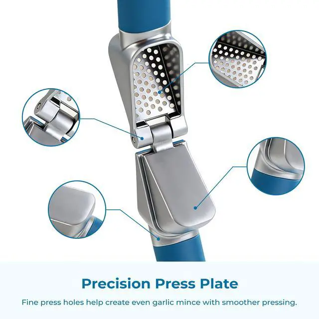 Alt view image 6 of 7 - Garlic Press, Stainless Steel Garlic Mincer with Premium Zinc Alloy Construction, Easy-Squeeze Ergonomic TPE Non-Slip Grip Handles, Reverse Cleaning Bumps and Dishwasher Safe Design, Blue