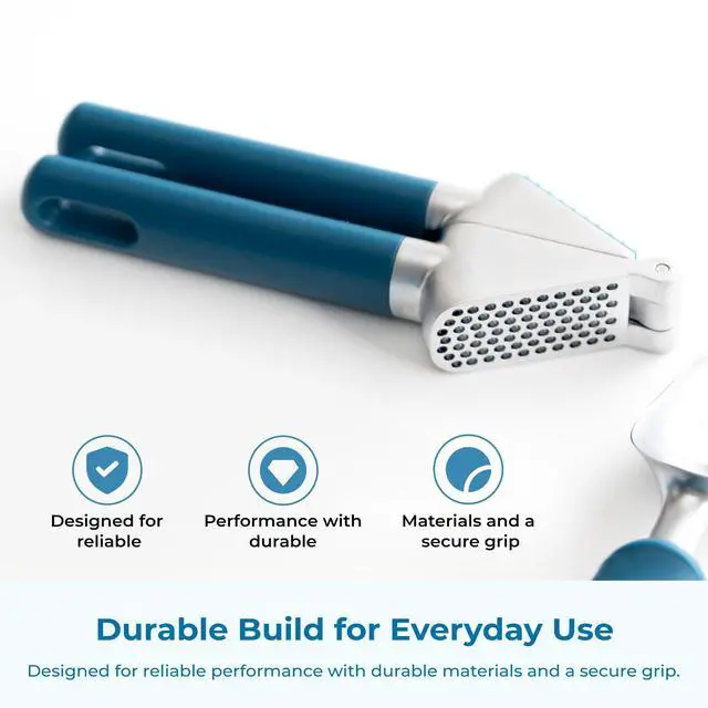 Alt view image 4 of 7 - Garlic Press, Stainless Steel Garlic Mincer with Premium Zinc Alloy Construction, Easy-Squeeze Ergonomic TPE Non-Slip Grip Handles, Reverse Cleaning Bumps and Dishwasher Safe Design, Blue