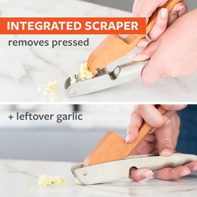Alt view image 2 of 7 - No Mess Garlic Press - Easy-Clean Stainless Steel - Effortless Crushing and Quick Mess-Free Clean-Up - Integrated Cleaner Scraper, Dishwasher safe