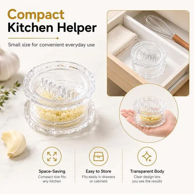 Alt view image 3 of 6 - 4 Pack Garlic Presses Clear, Manual Garlic Twister Masher - Plastic Garlic Grinder and Mincer Tool Dishwasher Safe & Easy to Clean Rotary Chopper for Garlic, Chili, Onion and Nuts, Compact