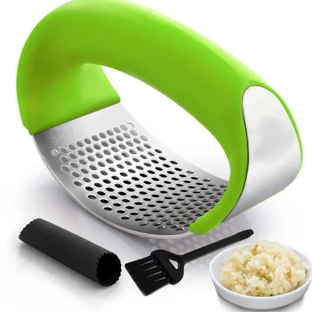 Main image of Stainless Steel Garlic Press Rocker Set with Silicone Garlic Peeler & Cleaning Brush Garlic Chopper, Mincer, Grater, Crusher Easy for Crushed Cloves Rust-Resistant, Green