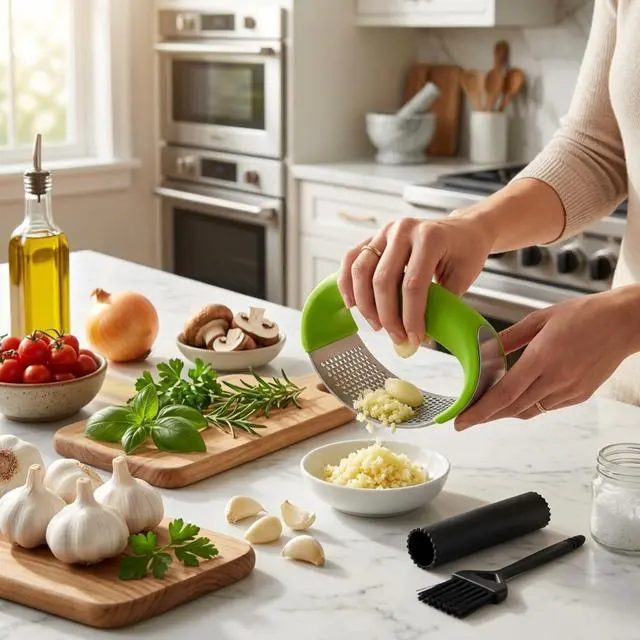 Alt view image 2 of 7 - Stainless Steel Garlic Press Rocker Set with Silicone Garlic Peeler & Cleaning Brush Garlic Chopper, Mincer, Grater, Crusher Easy for Crushed Cloves Rust-Resistant, Green