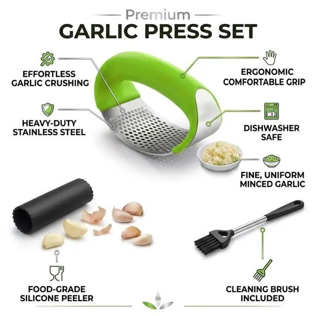 Alt view image 3 of 7 - Stainless Steel Garlic Press Rocker Set with Silicone Garlic Peeler & Cleaning Brush Garlic Chopper, Mincer, Grater, Crusher Easy for Crushed Cloves Rust-Resistant, Green