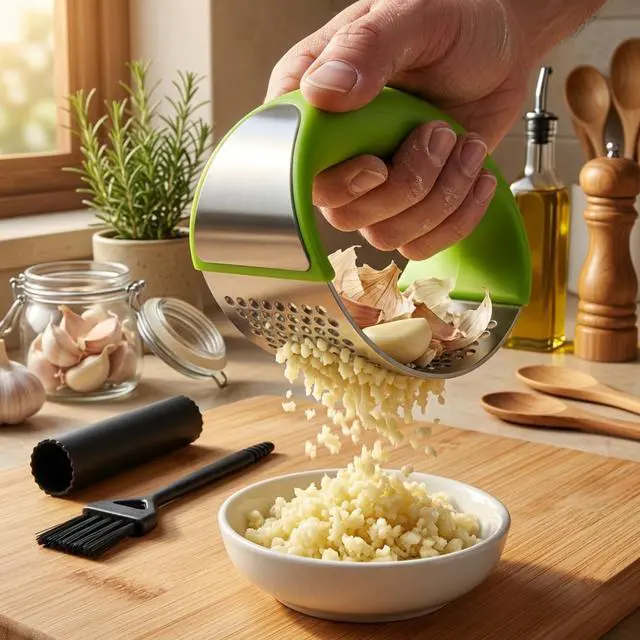 Alt view image 4 of 7 - Stainless Steel Garlic Press Rocker Set with Silicone Garlic Peeler & Cleaning Brush Garlic Chopper, Mincer, Grater, Crusher Easy for Crushed Cloves Rust-Resistant, Green