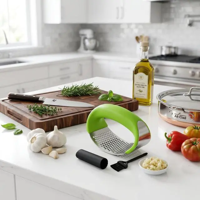 Alt view image 7 of 7 - Stainless Steel Garlic Press Rocker Set with Silicone Garlic Peeler & Cleaning Brush Garlic Chopper, Mincer, Grater, Crusher Easy for Crushed Cloves Rust-Resistant, Green