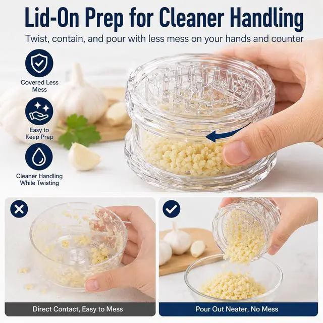 Alt view image 4 of 7 - Transparent Manual Garlic Twister & Mincer, 2-Pack Multi-Functional Grinder for Garlic, Onion, Ginger, Herbs, Nuts, Impact Resistant Kitchen Gadget